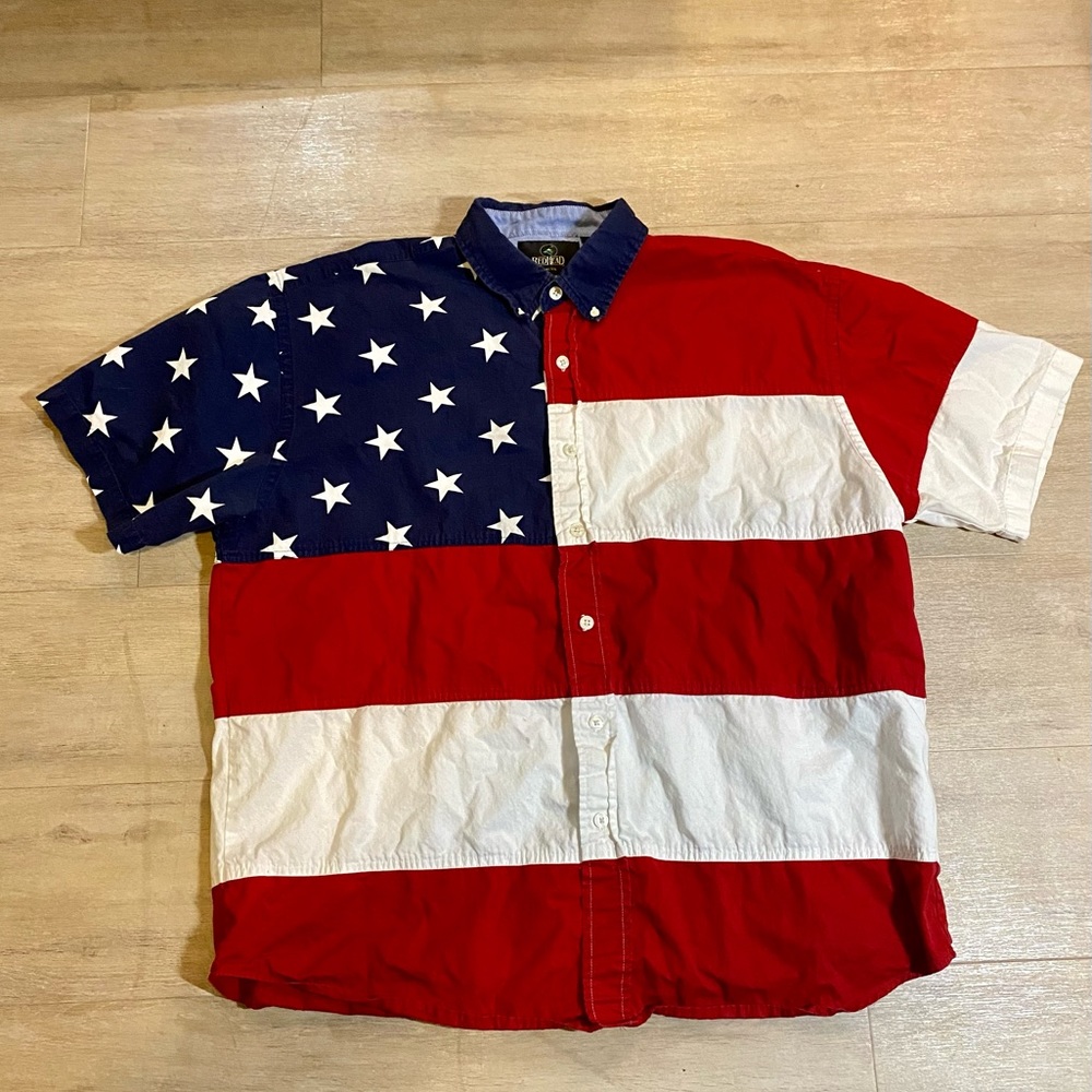 Red Head American Flag Patriotic Stars and Stripes Button Down Shirt USA XL